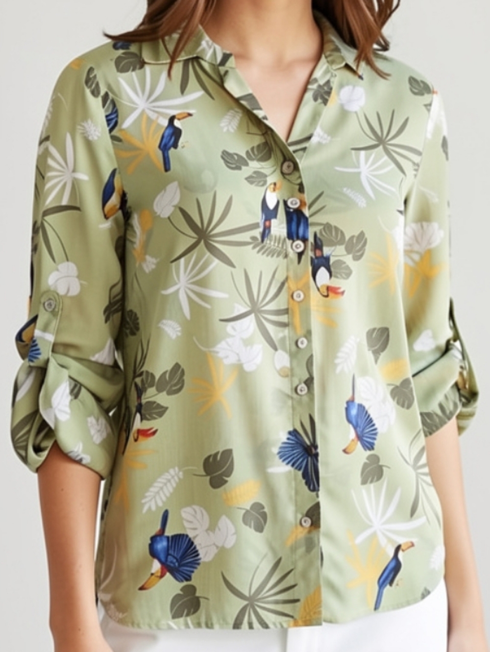 🍀4/$19🍀M🦜Tropical Light Green Button-Down Shirt